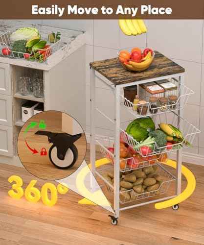 Fruit Vegetable Storage Cart for Kitchen, 5-Tier Vegetable Stand Rack with Pull-Out Fruit Baskets, Rolling Snack Cart with Wood Top & Banana Holder for Pantry, Living Room, Bathroom, White