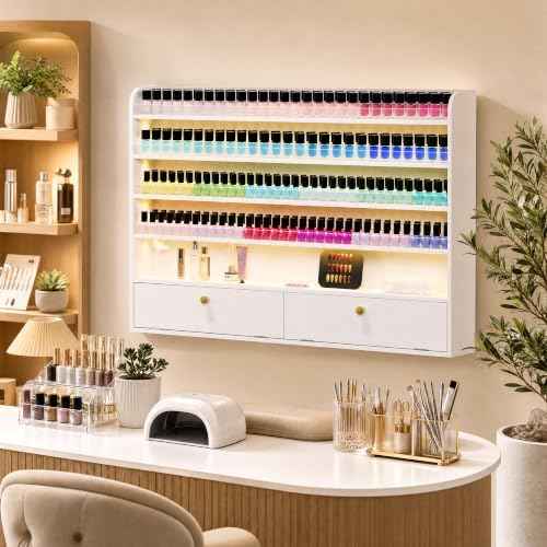 Wood Nail Polish Rack with Cabinet, 5-Tier Nail Polish Display Shelf, White