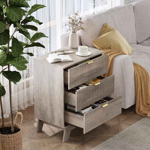 Wodeer Grey Night Stand with 3 Drawers, Bedside Table & End Table, 24"