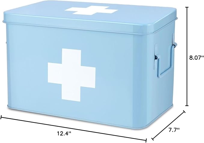 Flexzion First Aid Box Organizer Empty 13" Blue Vintage First Aid Kit Tin Metal - Image 10