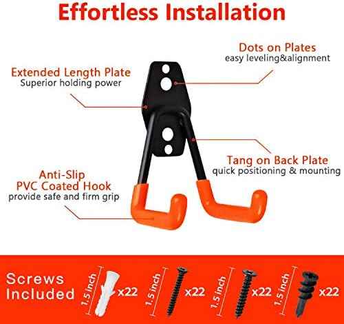 Garage Hooks, 12 Pack Wall Storage Hanger with 2 Extension Cord Straps, Heavy Duty Tool Holder for Utilities Organization, Wall Mount Rack for Garden Lawn Tools, Ladders, Bike, Ski (Orange)