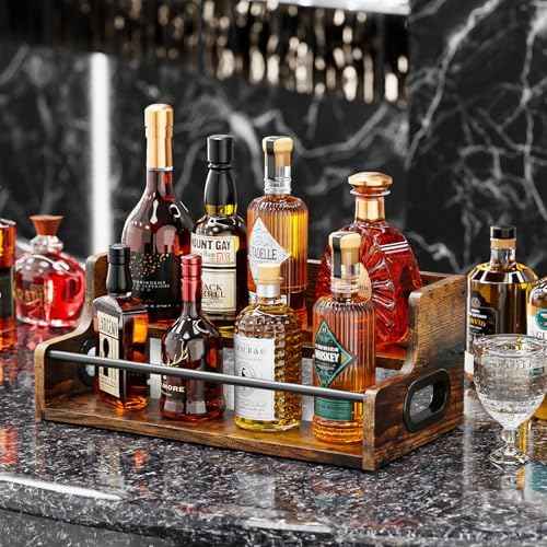 KLM Liquor Bottle Display Shelf, Coffee Syrup Rack Organizer, 2 Step Countertop Liquor Wine Rack, mini bar,Liquor Cabinet, Home Retro Bar Shelf Stand for Liquor Whiskey, Spirits, Brown