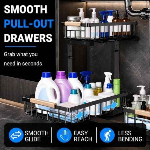 Under Sink Organizer 2 Pack, Double Slide Out Metal Shelf, Black