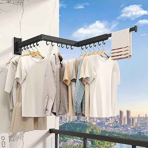 Wall Mounted Tri-Fold Clothes Drying Rack, Heavy Duty Collapsible Laundry Drying Rack, Space-Saving Retractable Foldable Drying Rack Clothes for Laundry Room Balcony Bathroom,Black-Hooks