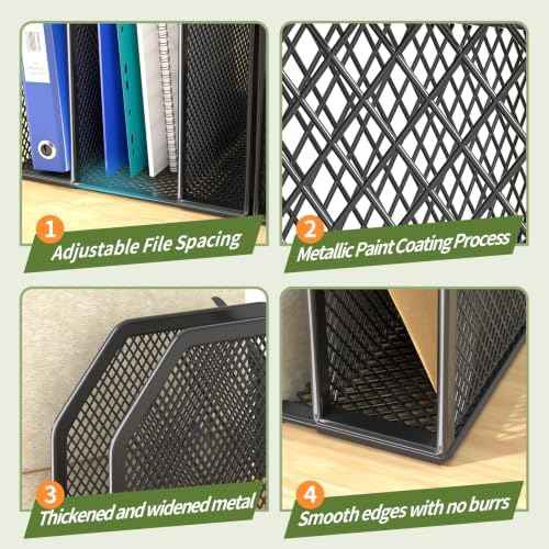FANXIYQ Black 7-Section File Folder Organizer for Desk, Metal Vertical File Holder Stand, Desktop File Organizer Rack for Letter/A4 Folders, Papers, Books, Office Classroom Home