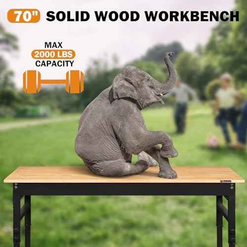 Betterhood 70" Adjustable Height Workbench, 2000 LBS Heavy Duty Work Table with Power Outlets & Pegboard, Rubber Wood Workstation for Garage, Workshop, Office, Home, Commercial