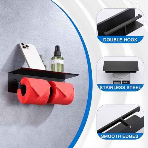 LANC Double Toilet Paper Holder with Shelf, Matte Black Commercial Toilet Tissue Roll Dispenser with Phone Shelf Stainless Steel for Bathroom, Kitchen, Apartments Wall Mounted, A8877MB
