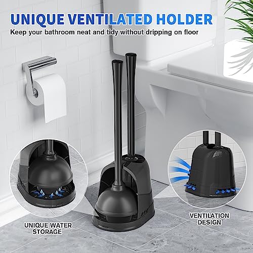 LOVLOY Toilet Plunger and Brush, Bowl Brush and Heavy Duty Toilet Plunger Set with Ventilated Holder, 2-in-1 Toilet Brush and Plunger Combo for 5.3-inch Toilet Drain Bathroom Cleaning (Black)