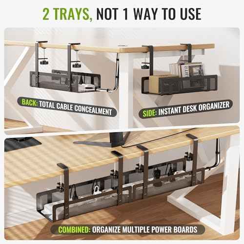 [Upgraded] 2 Pack Cable Management Under Desk Tray, Xpatee 27.6" No Drill Open Slots Cable Management Tray, Cord Wire Organizer Box with Clamp for Table Thickness up to 3" - No Desk Damage(Black)