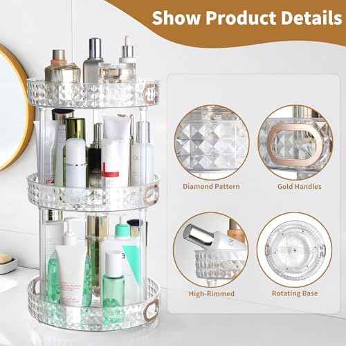 360 Rotating Perfume Organizer, 3 Tier, Diamond Pattern, Clear