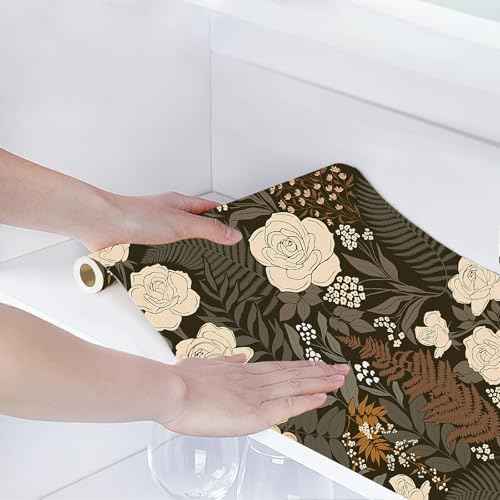 HAOKHOME Floral Drawer Liner Self Adhesive Shelf Liners Brown Contact Paper