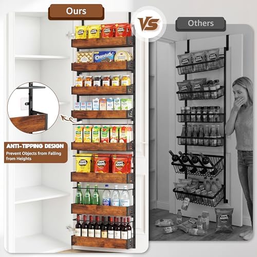 Over The Door Pantry Organizer, 8 Tier Spice Rack with Adjustable Wooden Basket, 2 IN 1 Wall Mount or Hanging Seasoning Organizer, Heavy-Duty Pantry Door Storage Shelf for Kitchen, Laundry Room