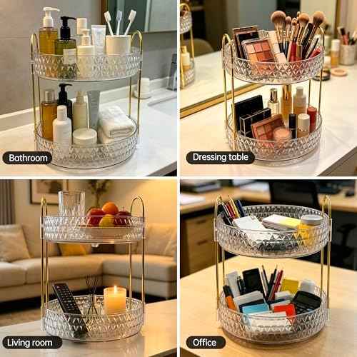 360° Rotating Acrylic Storage Rack, 2-Tier Large Capacity Makeup Organizer for Bathroom Countertop & Vanity, Clear Cosmetic Holder for Skincare, Perfume & Beauty Essentials
