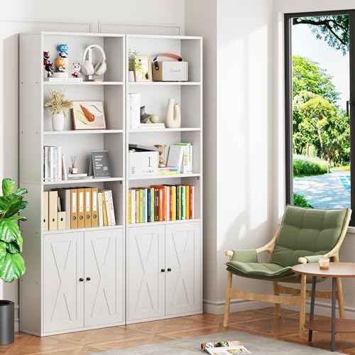 Vongrasig 6-Tier Open Bookcase and Bookshelf with Doors, Floor Standing Farmhouse Display Storage Shelves 71 Inch Wood Tall Bookcase for Home Office, Living Room, Bed Room, White