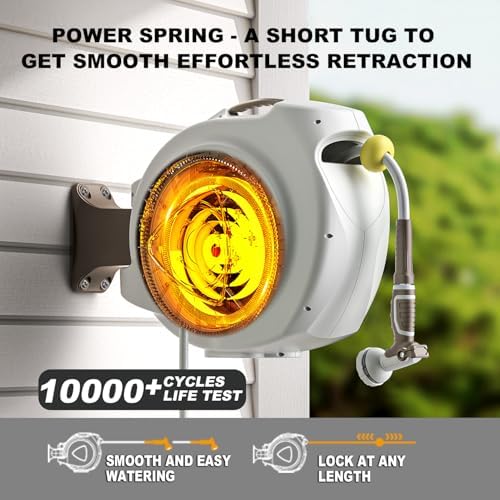 Retractable Garden Hose Reel, 5/8 in 100+6 ft, Heavy Duty Wall Mounted Water Hose Reel, Spring Power Automatic Rewind, Any Length Lock, 180° Swivel Bracket, 10 Pattern Spray Nozzle