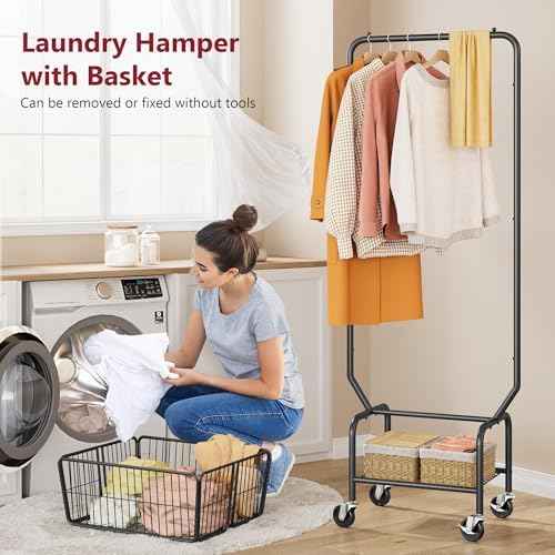 Tajsoon Rolling Laundry Cart with Hanging Rack & Laundry Basket, Black