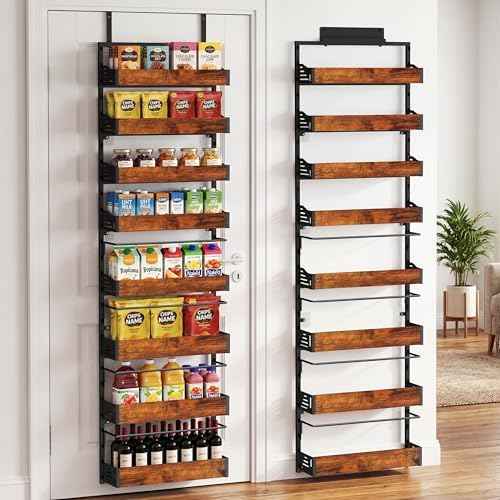 Over The Door Pantry Organizer, 8 Tier Spice Rack with Adjustable Wooden Basket, 2 IN 1 Wall Mount or Hanging Seasoning Organizer, Heavy-Duty Pantry Door Storage Shelf for Kitchen, Laundry Room