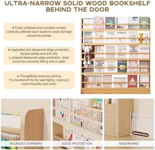 Book Shelf, Behind The Door Bookshelf, Wooden Kids Book Shelf 3/4/5/6 Tier, for Toys and Books, Space-Saving Wall Mount Narrow