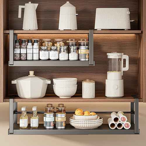 Expandable Under Cabinet Shelf, Hanging Under Shelf Storage Basket,Adjustable Under Cabinet Add-on Storage Racks Slide-in Baskets Organizer for Laundry Room Kitchen Bookshelf White L