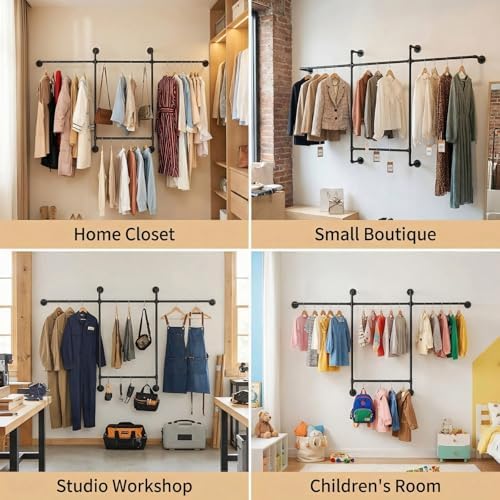 Industrial Pipe Clothing Rack, Hanging Garment Rack, Wall Mounted Pipe Clothes Rack with Four Hanging Rods, Heavy Duty Garment Rack, Industrial Steampunk Closet Organizer Hall Tree (Metal Pipes-Black)