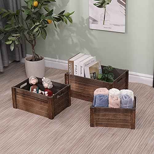 Farmhouse Antique Black Wooden Crate for storage,Rustic Decorative Boxes,Set Of 3 Nesting Wooden Storage Crates For display,Handmade Natural Solid Wood Box (Rustic Black)