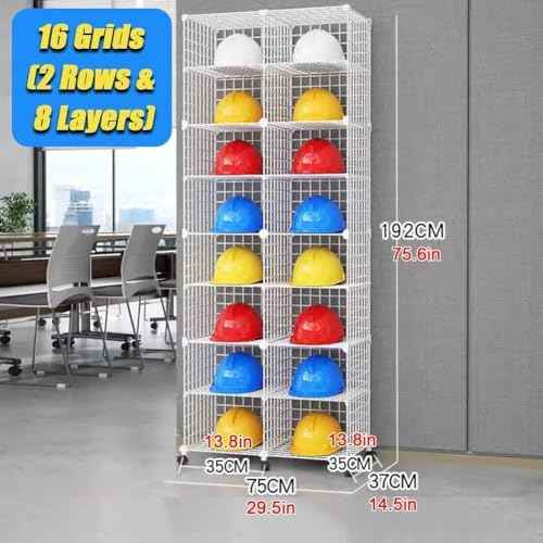 Stackable Safety Helmet Storage Boxes, Large Adjustable Hard Hat Placement Organizer Rack,with Wheels for Construction Site/Garage/Workshop/Factory,16 Grids(75x37x192cm)