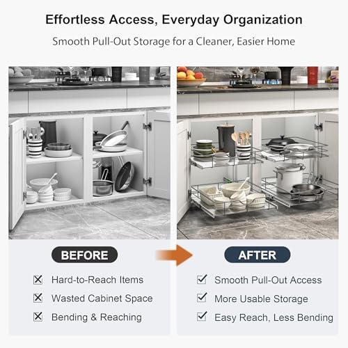 2 Tier Pull Out Cabinet Organizer - 20" W x 22" D Soft Close Slide Out Shelves with Shelf Liners - Pullout Drawers for Kitchen Cabinets, Pantry, Bathroom, Heavy Duty Steel Wire Baskets