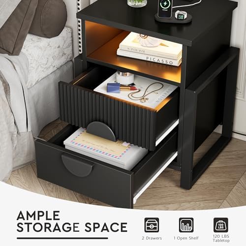 HolliWill Fluted Nightstand Set of 2 with Charging Station and LED Lights, 20" Night Stand with 2 Drawers, Large Bed Side Table with Raising Legs and Curved Profile Design for Bedroom, Black
