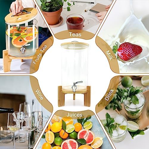 Glass Drink Dispenser with Stand,2.1 Gallons Wood Stand Cold Beverage Dispensers-Large Drink Dispensers For Parties,Bars,Restaurants