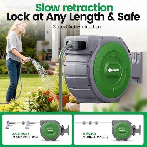 Garden Retractable Hose Reel, 1/2 Inch x 120 ft Wall Mounted Garden Hose Reel with Any Length Lock, Upgraded Slow Return System and 180°Swivel Bracket