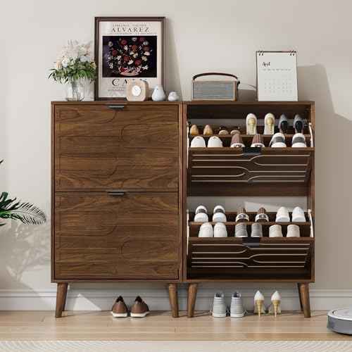 Shoe Cabinet Storage for Entryway with 2 Flip Drawers, Narrow Shoe Cabinet for Entryway, Hidden Slim Shoe Organizer Rack Cabinet (Brown, 23.6" W)