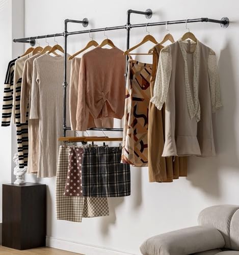 Industrial Pipe Clothing Rack, Hanging Garment Rack, Wall Mounted Pipe Clothes Rack with Four Hanging Rods, Heavy Duty Garment Rack, Industrial Steampunk Closet Organizer Hall Tree (Metal Pipes-Black)