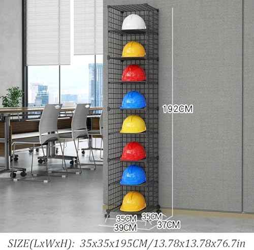 Stackable Safety Helmet Storage Box with Wheels, Large Adjustable Hard Hat Organizer Rack, Floor Standing Helmet Display Shelf for Home & Construction, Black 8 Grids