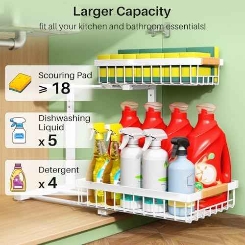 Kitstorack Under Sink Organizer, 2 Tier Under the Sink Storage, Slide out Pull out Cabinet Organizer Shelf, Metal Sliding Drawer for Kitchen Bathroom Pantry Closet Organization Rack, White, 2 Pack