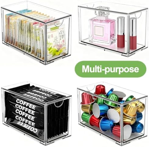 4 Pack Stackable Tea Bag Storage Organizer Drawers – Clear Acrylic Tea Bag Holder for Cabinet, Drawer, Pantry, Countertop – Kitchen Tea Storage Container