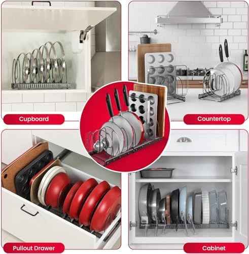 Better Things Home 7.5” Wide 12-Slot Adjustable Large Pan and Pot Lid Organizer with Scratch-Free Pads, Expandable Pot Lid Holder Rack for Cabinet, Pots and Pans Organizer Inside Cabinet