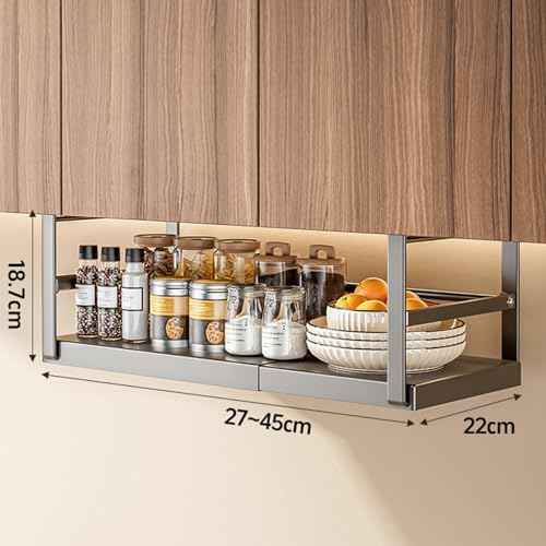Expandable Under Cabinet Shelf, Hanging Under Shelf Storage Basket,Adjustable Under Cabinet Add-on Storage Racks Slide-in Baskets Organizer for Laundry Room Kitchen Bookshelf White L