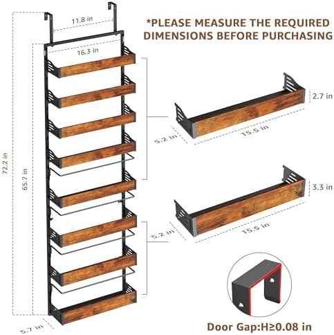 Over The Door Pantry Organizer, 8 Tier Spice Rack with Adjustable Wooden Basket, 2 IN 1 Wall Mount or Hanging Seasoning Organizer, Heavy-Duty Pantry Door Storage Shelf for Kitchen, Laundry Room