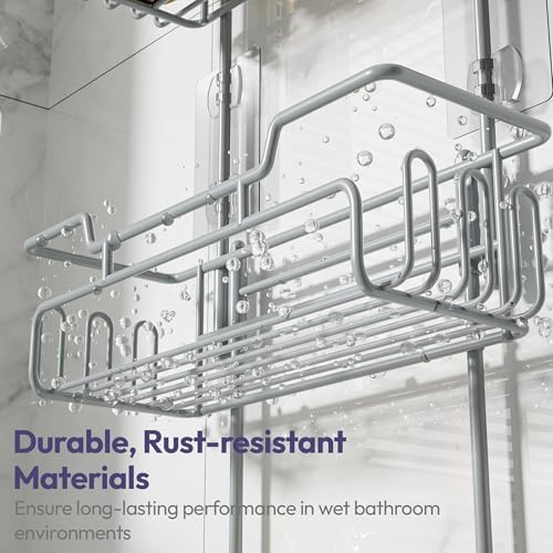 SWTYMIKI Bathroom Shower Caddy Hanging - 3 Tier Rustproof Over Shower Head Organizer, No Drilling Bathroom Shelf with 16 Hooks & Soap Holder, Anti-Swing Rack for Shampoo,Sponge,Towel, Silver, Medium