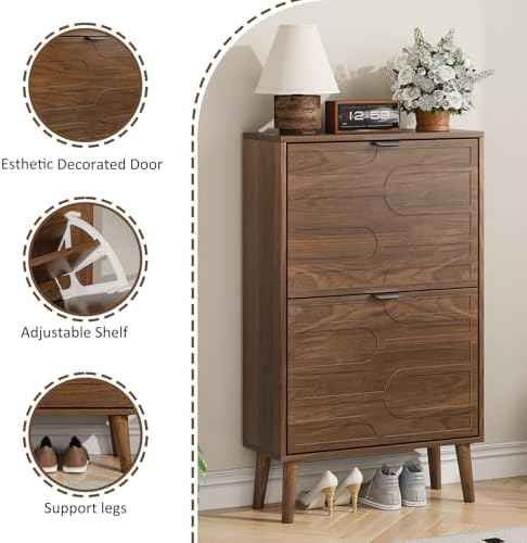 Shoe Cabinet Storage for Entryway with 2 Flip Drawers, Narrow Shoe Cabinet for Entryway, Hidden Slim Shoe Organizer Rack Cabinet (Brown, 23.6" W)