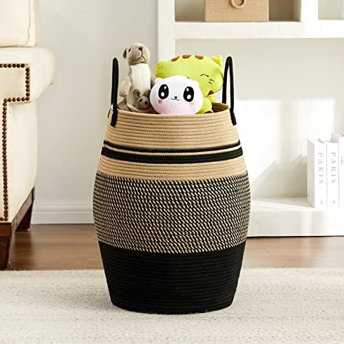 Large Laundry Hamper Basket 65L Woven Blanket Basket, Brown & Black