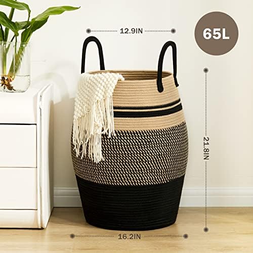 Large Laundry Hamper Basket 65L Woven Blanket Basket, Brown & Black