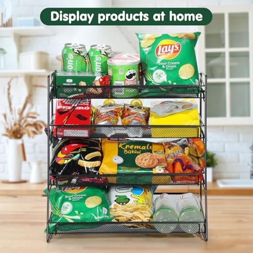 4-Tier Black Stackable Candy Display Rack, Snack Organizer for Countertop, Stores, Offices with 24 Signs and 60 Labels（Metal Mesh Plate） (Black-2 Pack)
