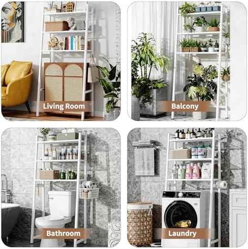 Over The Toilet Storage, Wooden 3-Tier Over-The-Toilet Rack Bathroom Space Saver Organizer, Freestanding Above Toilet with Toilet Paper Holder and Hooks (White)