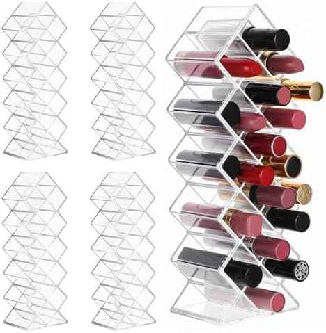 4 Pcs Lipstick Holder Organizer 16 Spaces Acrylic Stackable Fish Shape Lipstick Tower, Lip Gloss Storage Stand, Lipsticks Organizer Case Vertical for Lipgloss Organizers Makeup Vanity Display, Clear
