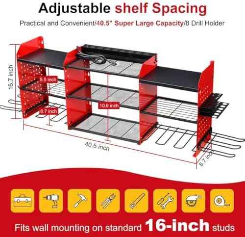 Large Power Tool Organizer Wall Mount with Charging Station, Heavy Duty Cordless Drill Holder, Garage Tool Storage Battery Rack with 8 Outlet, Gift for Men Husband Dad Birthday Anniversary Red