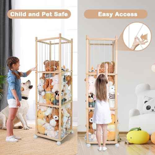 Stuffed Animal Storage, Wood Stuffed Animal Zoo Storage with Brake Wheels, Space Save Toy Organizer, Large Capacity Stuffed Animal Holder, Perfect for Nursery Playroom Kidroom Bedroom-54.3 Inch