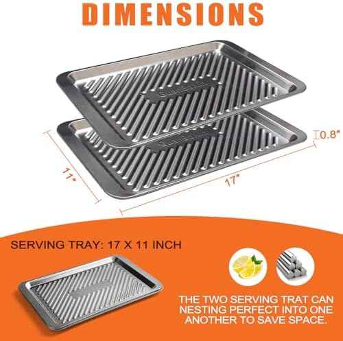 Grilling Prep and Serve Trays, Set of 2 Stackable Stainless Steel BBQ Tray, Standard Marinating Container, Serving Platter for Plating Food, BBQ Prep Tub for Marinating Meats, Grill Accessories