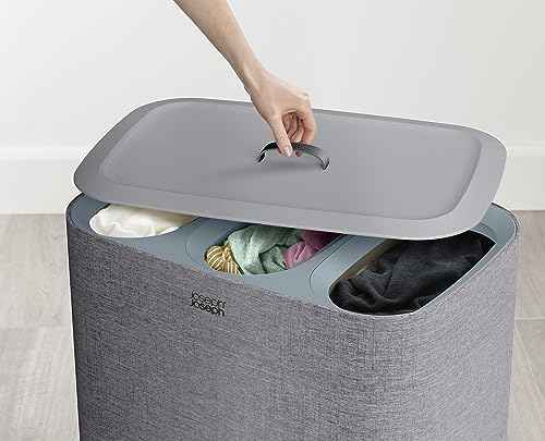 Joseph Joseph Tota Trio 90 liter/23.8 gallon Laundry Hamper Separation Basket with lid, 3 Removable Washing Bags with Handles- Gray