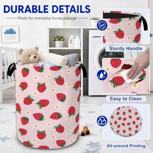 Strawberry Daisy Flower Laundry Hamper,Collapsible Laundry Baskets, Dirty Clothes Baskets with Handles,Oxford Cloth Hamper for Bedroom,Bathroom,Laundry Room,College Dorms,16"x20"